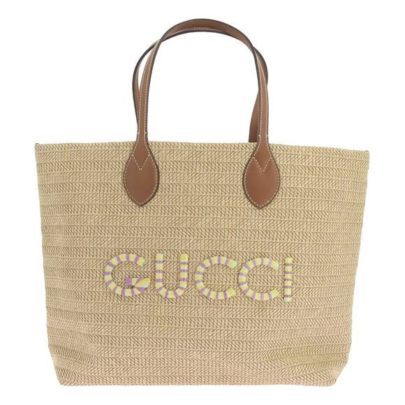 GUCCI 779666 Beige Raffia Straw Large Neutral Rainbow Logo Tote Bag - Picture 1 of 8
